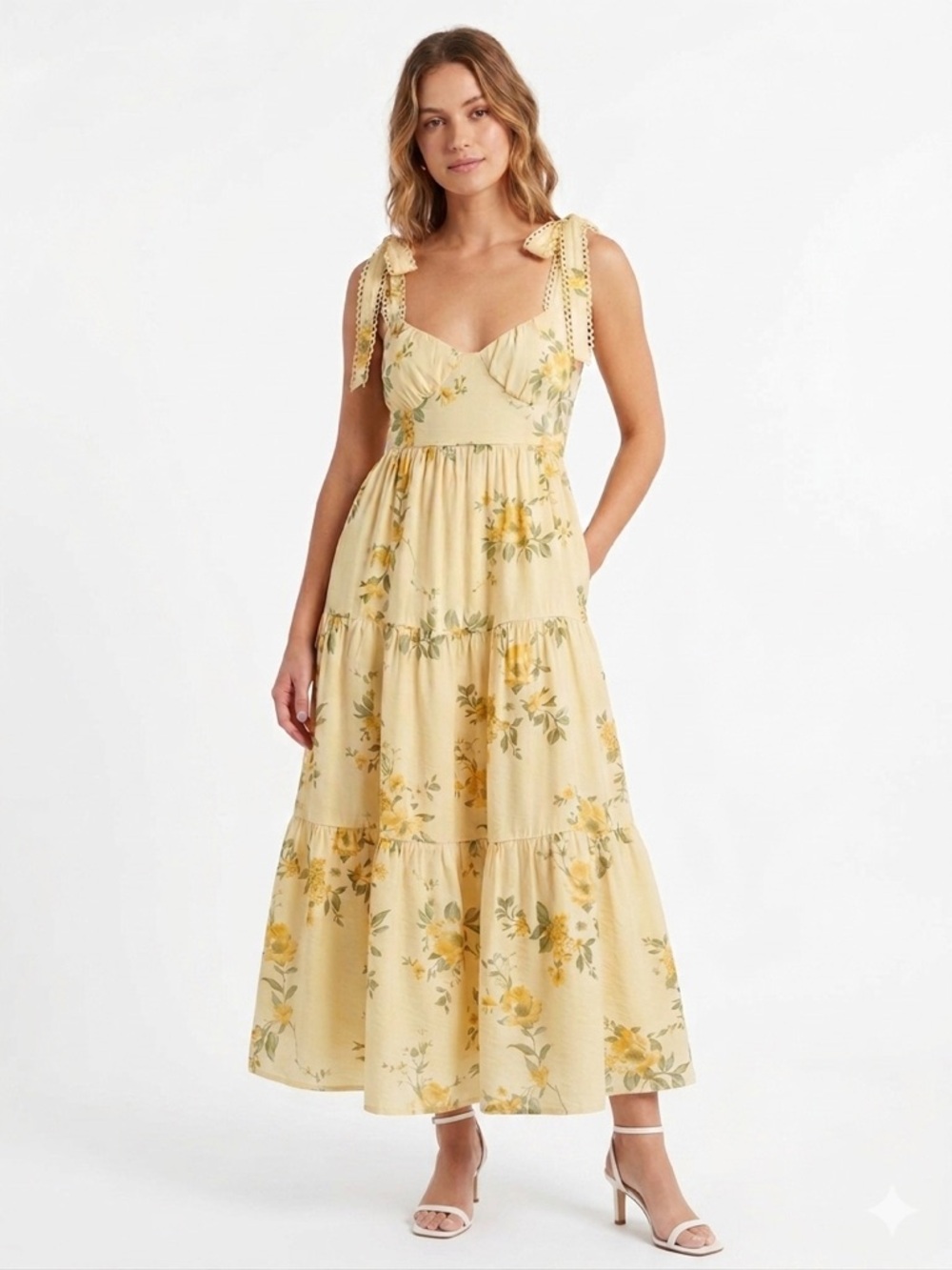 Blu Pepper Pale Yellow Floral Tie-Shoulder Tiered Midi Dress Size L NWT